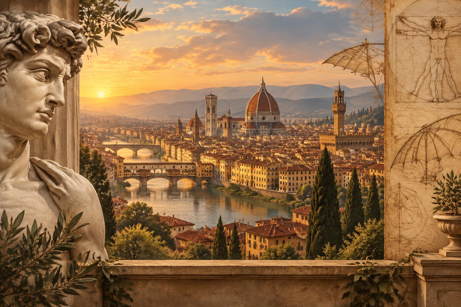 Florenz im goldenen Abendlicht mit Dom, David und Zeichnungen von Leonardo da Vinci